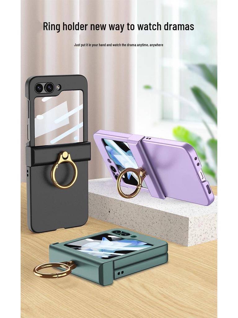 GKK Samsung Z Flip5 Full Coverage Frosted Case with Finger Ring Buckle & Small Folding Hinge.