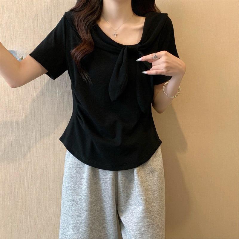 

Solid Color Women s Short Sleeved T-shirt Navy Collar Irregular Design Blouse Korean Style Waist Cinched Ladies Clothing S чорний