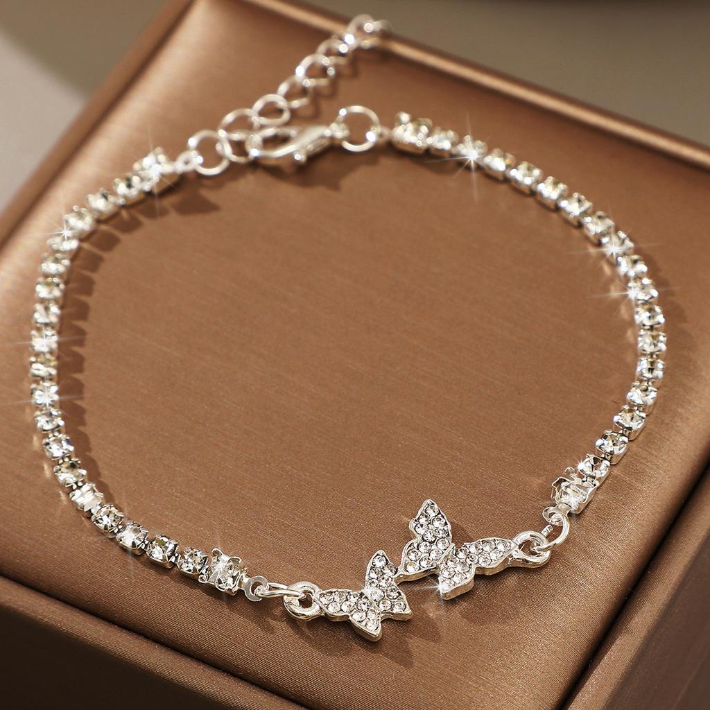 Butterfly Bracelets For Women Zinc Alloy Bowknot Silver Color Light Luxury Full Diamond Versatile Pull-out Bracelet