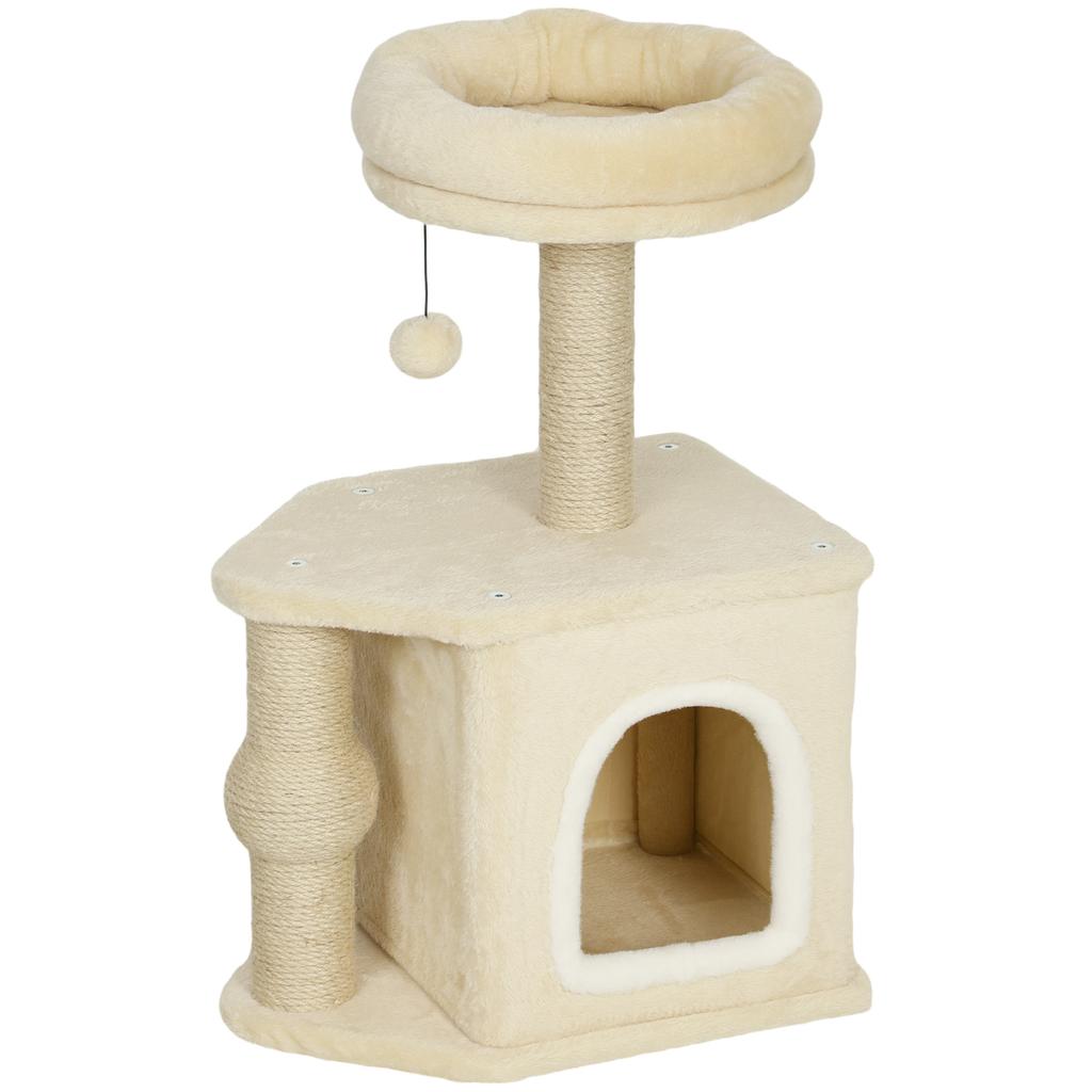 Cat Tree 66 cm Height Cat Tower with Bed Cave Platform Hanging Ball and Jute Post Beige