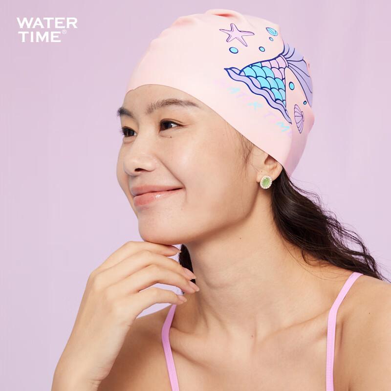WATERTIME Silicone Swimming Cap, Large Size for Long Hair, Dreamy Mermaid Design, White