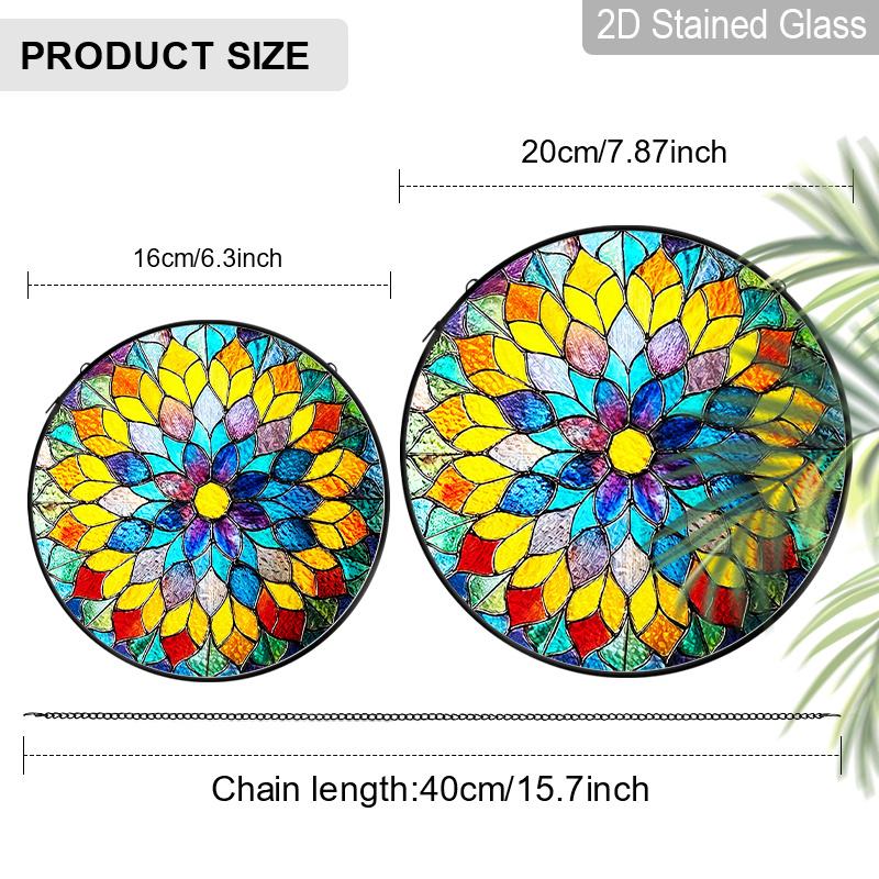 2D Flat Stained Glass Rainbow Mandala Window Decoration, 6.3/7.87inches Colored Glass Plate with Chain, Charming Indoor/Outdoor Sun Catcher Home