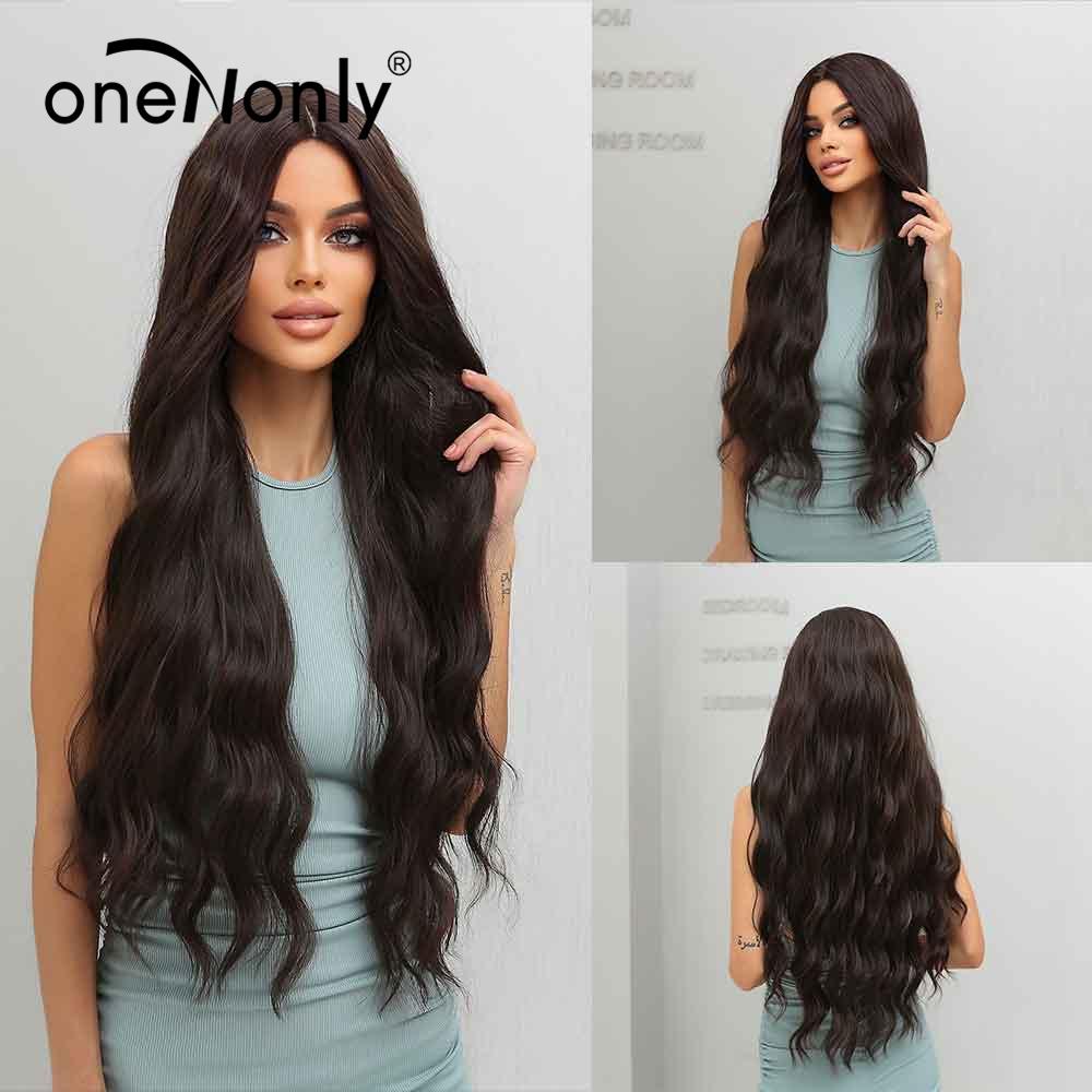 oneNonly Long Body Wave Ombre Brown Pink Synthetic Wigs with Bangs Natural Wave for Women Cosplay Natural Wig Heat Resistant