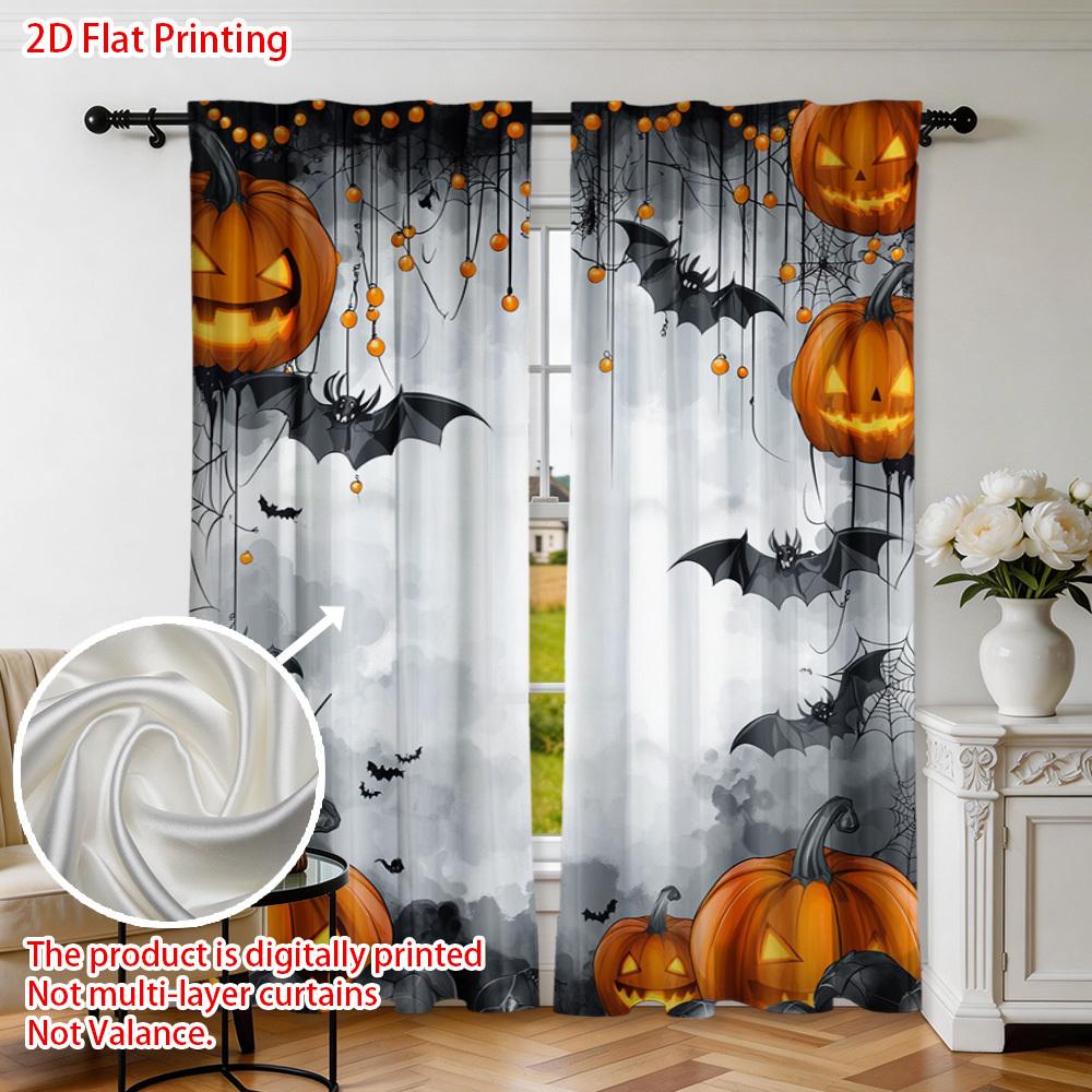 2PCS Halloween Fall Curtains, Pumpkin Bat Spider Web, Digital Print, Bedroom Living Room, Office, Kitchen, Dining Room