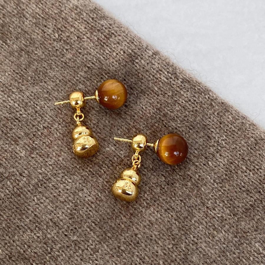 Silver needle tiger's eye stone geometric round pendant earrings retro Maillard style stud earrings personalized niche design earrings