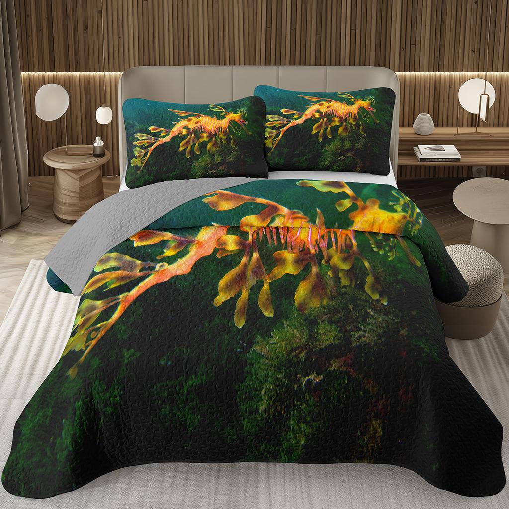 Comforter Seahorse Queen Size 3D Seahorse Printed Bedding Set Ocean Animal Quilted Marine Mediterranean Style Bed