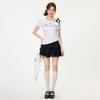 White polka dot slanted shoulder short-sleeved T-shirt women's spring and summer irregular hem design sense Spice girl slim strap small top