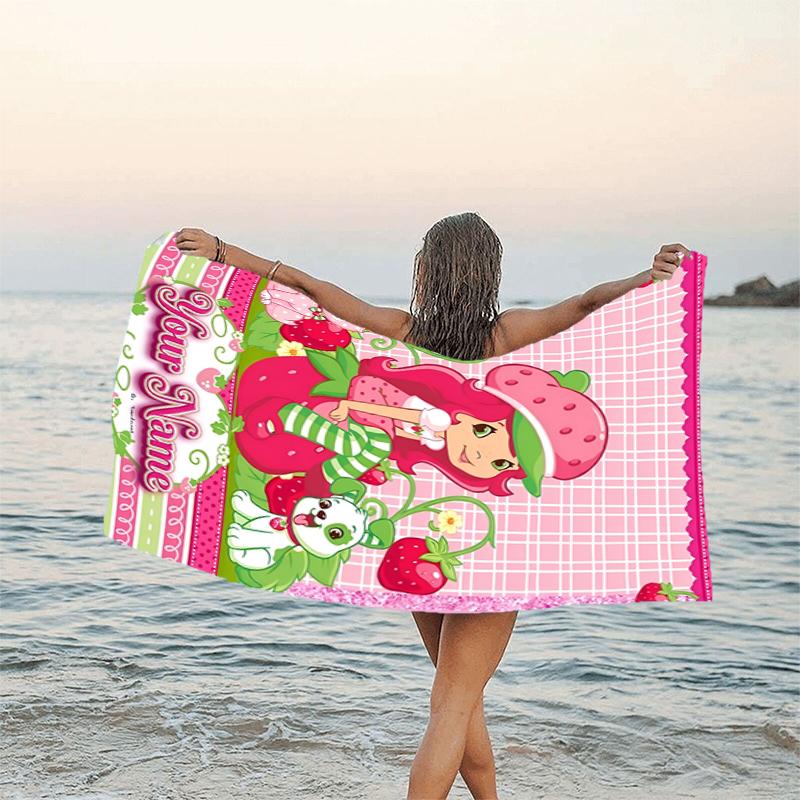1pc Princess Strawberry Beach Towel with Custom Name, Beach and Seaside Swimming Pool Equipment, Fashion Pattern, Rectangular, Travel Essential