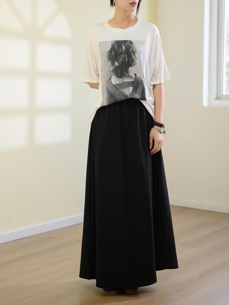 Women's High Waist Summer A-Line Maxi Skirt - Solid Color, Loose Fit