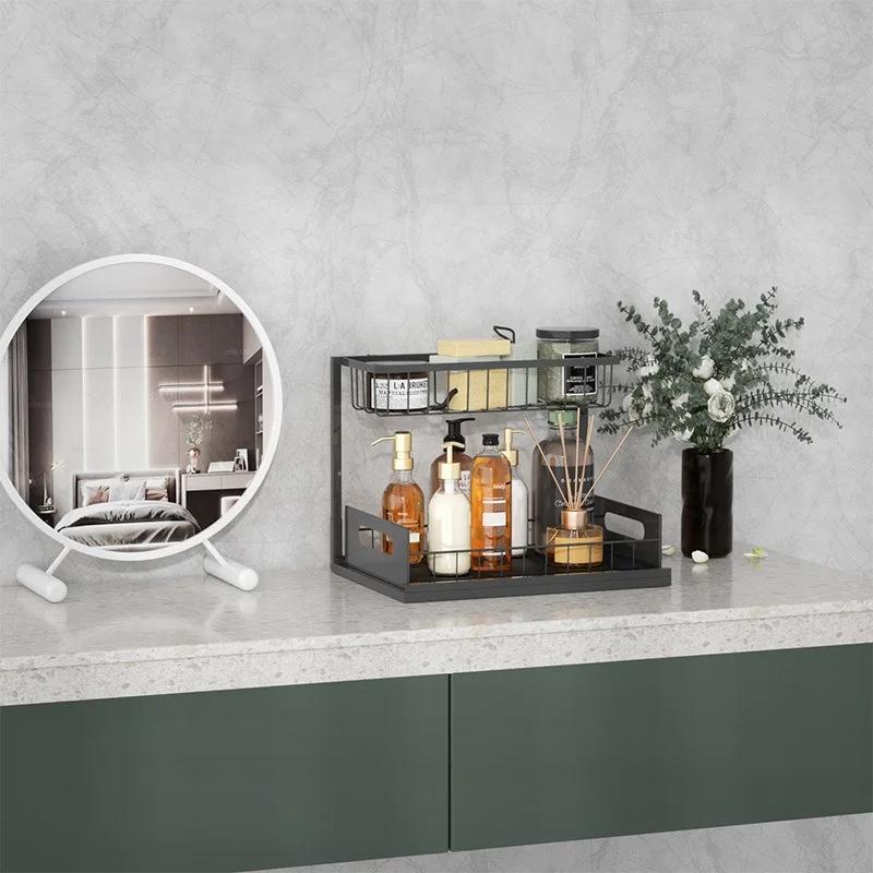 Sink 2 Tier Sliding Cabinet Basket Organizer Drawer Multi-Purpose Kitchen Bathroom Storage Rack Desktop Organization Spice Rack
