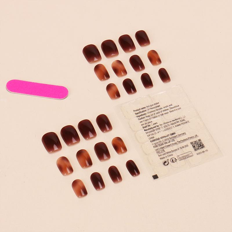 Caramel Ombre Nail Art Stickers for Autumn & Winter - Removable Short Brown Fake Nails for Students