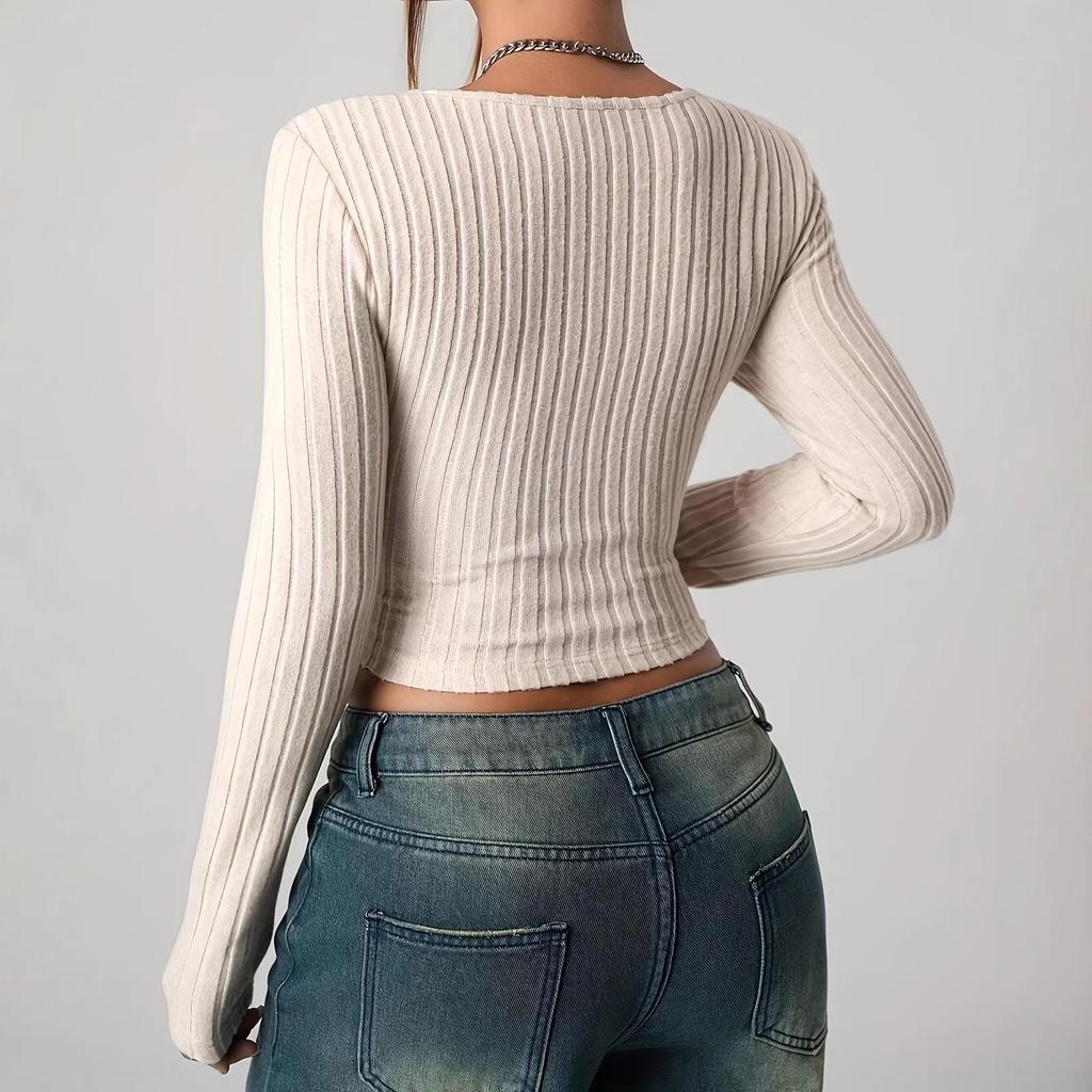 2025 Women's Solid Color Long Sleeve Ribbed Casual T-shirt