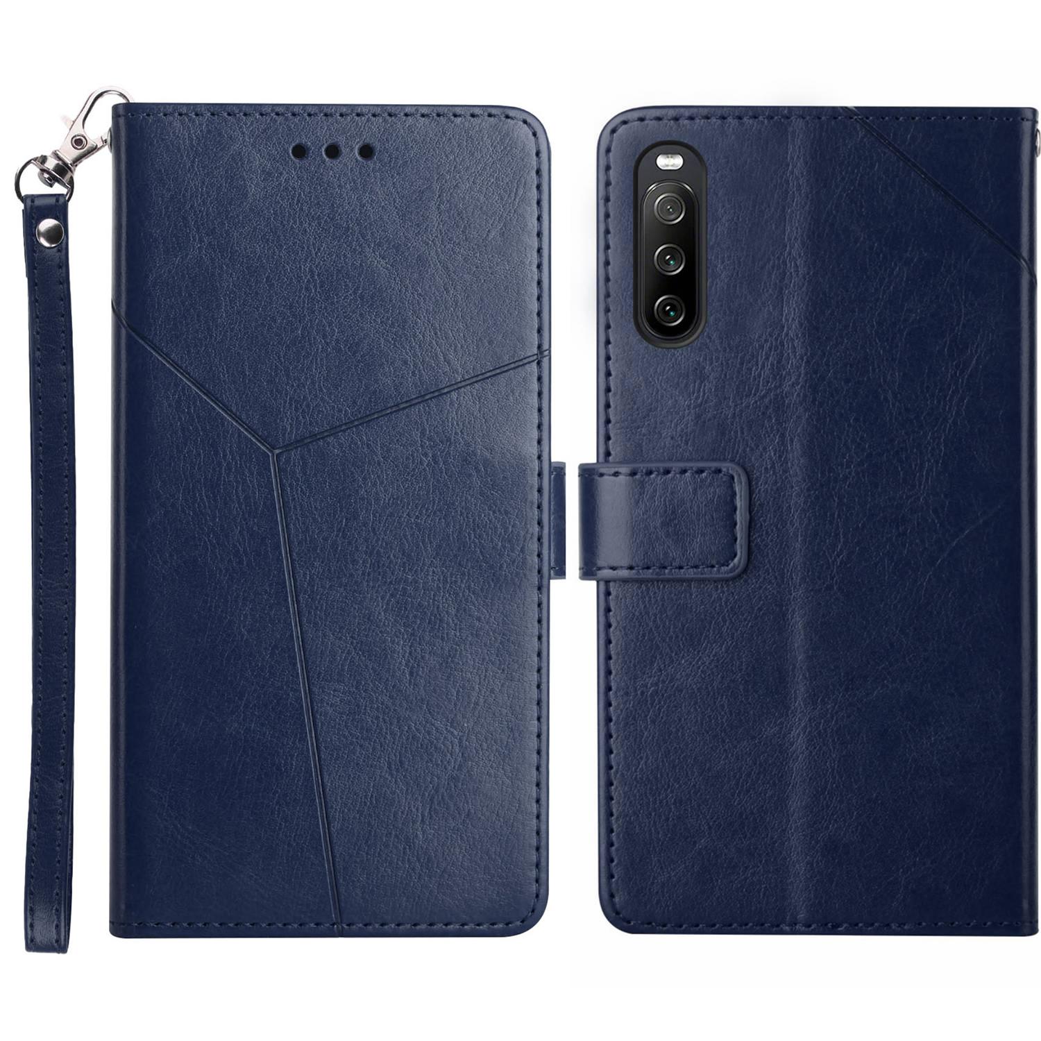 

For Sony Xperia 10 VI Case with Wrist Strap Y Shaped Lines Imprint Leather Phone Cover Blue