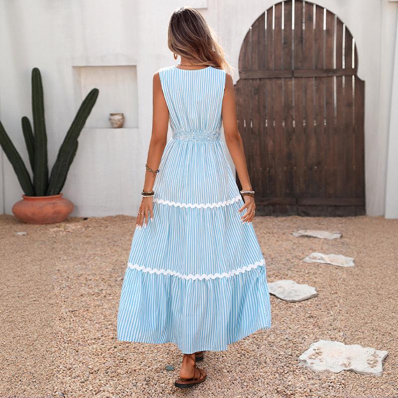 2026 European Striped Lace Patchwork Maxi Dress - Waist-Cinched, V-Neck, Sleeveless, Summer Style for Women