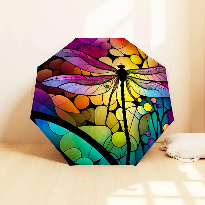 Colorful Stained Dragonfly Design Automatic Opening/Closing Umbrella with Foldable Design,, Travelers, Daily Use, Festive Gift1121011a