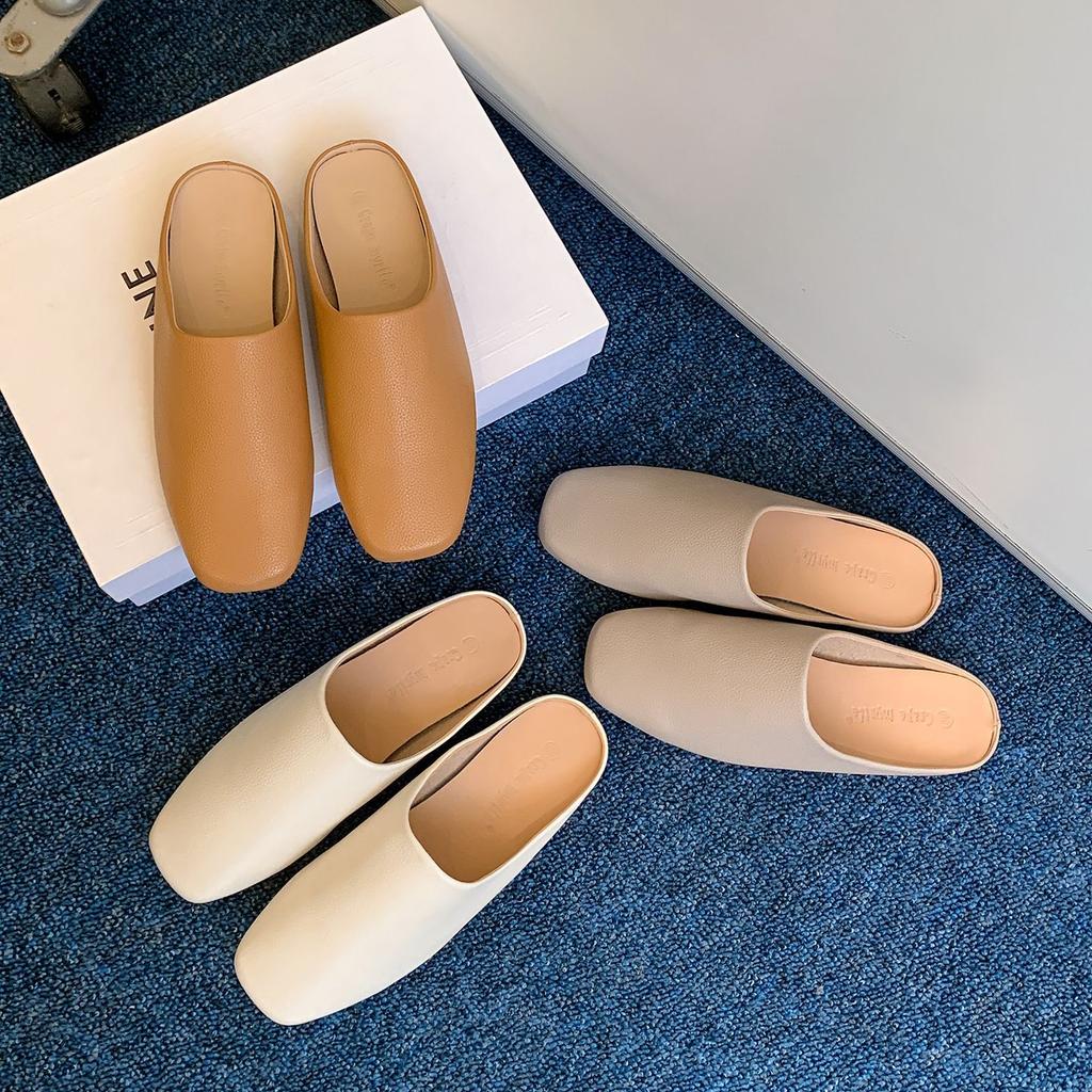 Soft To Fried~ Fashion Soft Leather Li Pattern Soft Leather Square Head One Pedal Flat Shoes Muller Row Slippers Women's Half Drag