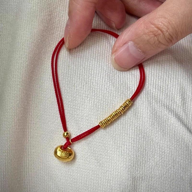 

Браслет с красным шнуром и золотым замком Фу – Ручная работа, китайский стиль, счастливые украшения, регулируемый, подарок-благословение золотой