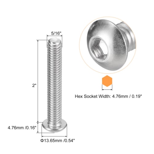 uxcell Hex Socket Cylindrical Head Screws, Button Head Socket Cap Screws, Hex Bolt Screws, Full Thread Hex Drive Screws, 5/16-18 X 2", 304 Stainless S