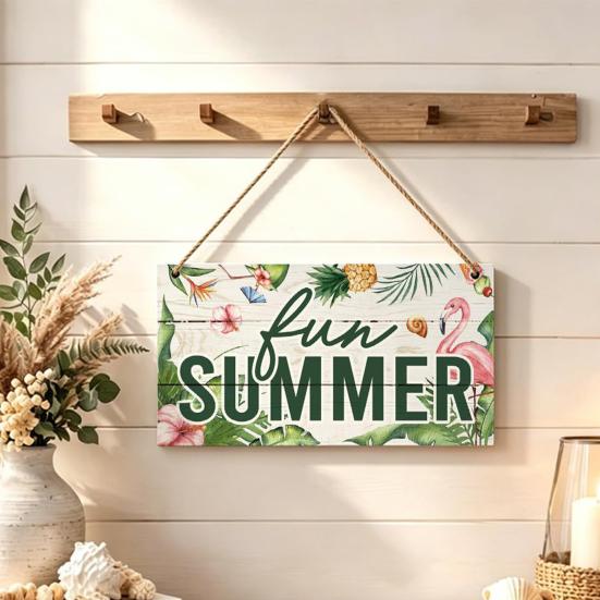 Summer Themed Gifts Wooden Hanging Sign, Beach Theme Welcome Sign Front Door Decor with Coastal Home Decorations Rope, Colorful Hanger for Seasonal