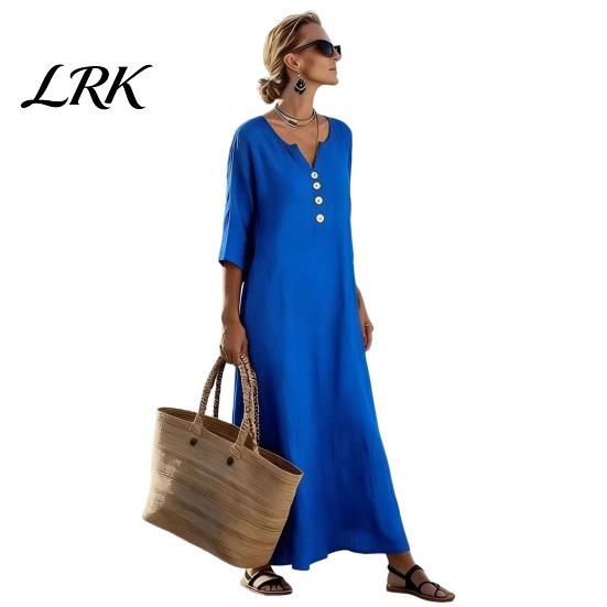Comfortable Summer Dress Loose Maxi for Women, 3/4 Sleeve Button Up Everyday Wear V Neck Casual Long Dress, Flowy Beach Sundress Fit
