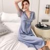 Women's Long Ice Silk Nightgown with Lace Trim and Chest Pads
