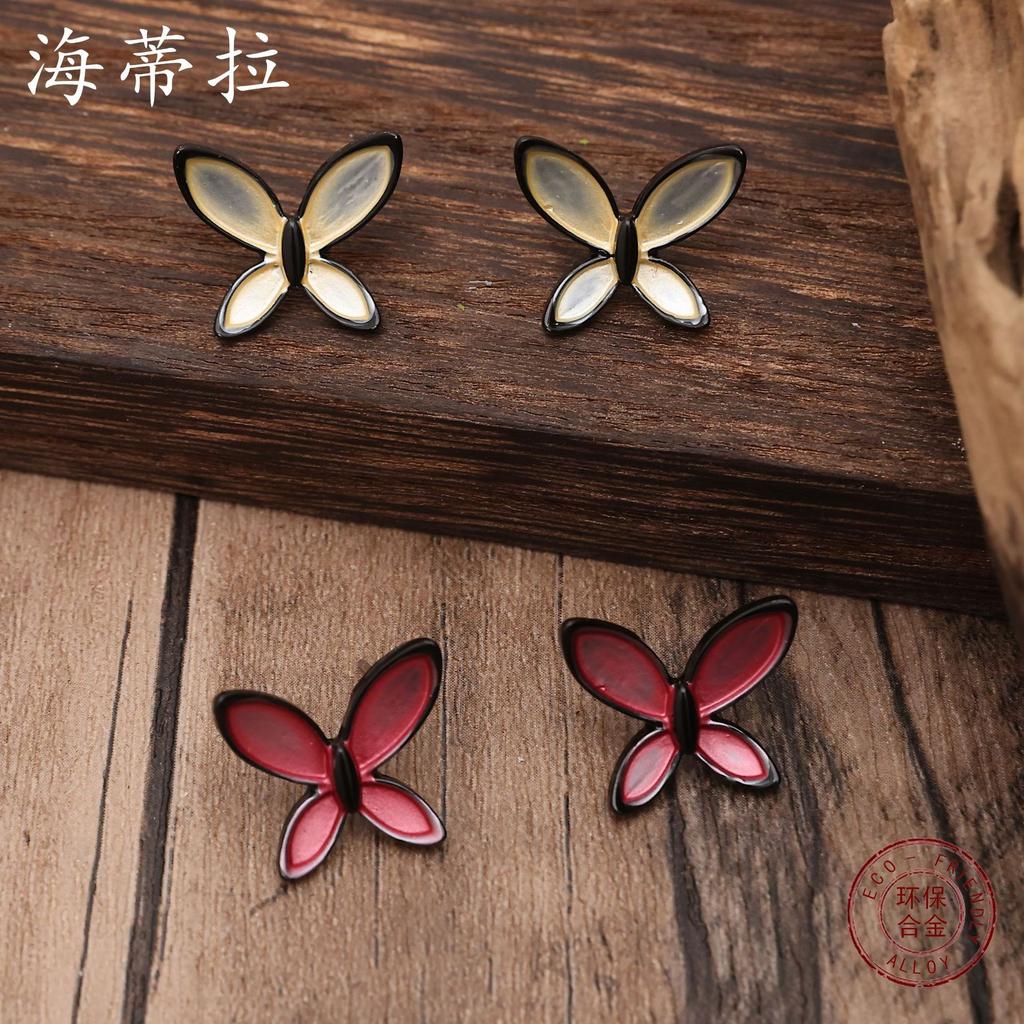 Color Painted Oil Butterfly Stud Earrings Necklace Set, Personalized Gun Black Butterfly Ladies Versatile Necklace