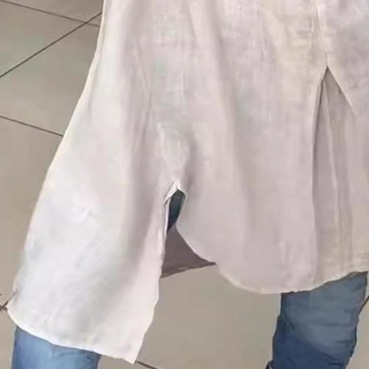 Long Sleeve Women Shirt V Neck Side Split Hem Pullover Tops Loose Fit Solid Color Summer Daily Wear