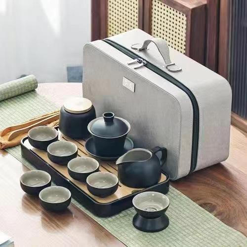 Black pottery Kung Fu tea set Household Japanese simple teapot Teacup complete set Dry brewing pot Hotel tea tray side handle pot