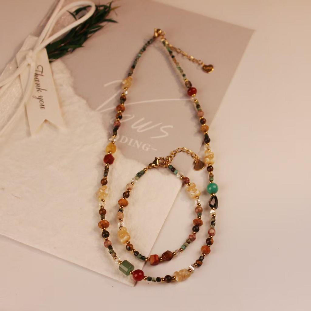 Colorful Retro Bracelet & Necklace Set with Natural Stone, Freshwater Pearls, Seed Beads & Durable Clavicle Chain