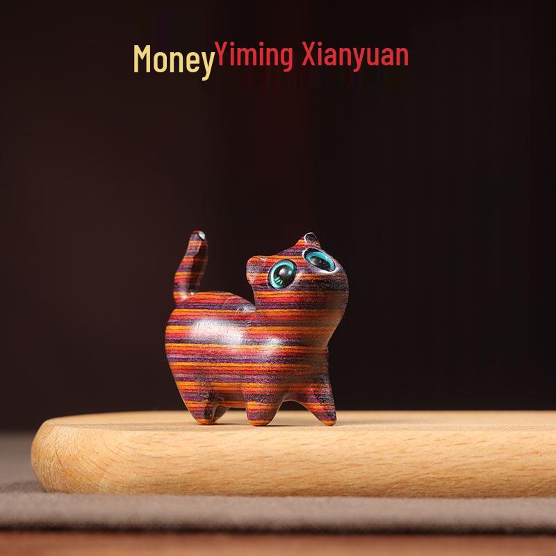 Rainbow Red & Purple Tilted Head Cat with Eucalyptus Wood Carving - Adorable Desktop Ornament