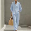 Women's Mandarin Collar Half Sleeve Button Up Shirt and Wide Leg Pants Casual Loungewear Set