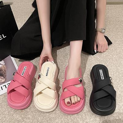 Thick Bottom Soft Rubber Women's Non-slip Heightened Home Casual Slippers Summer Outdoor White With Solid Color Sandals Slippers