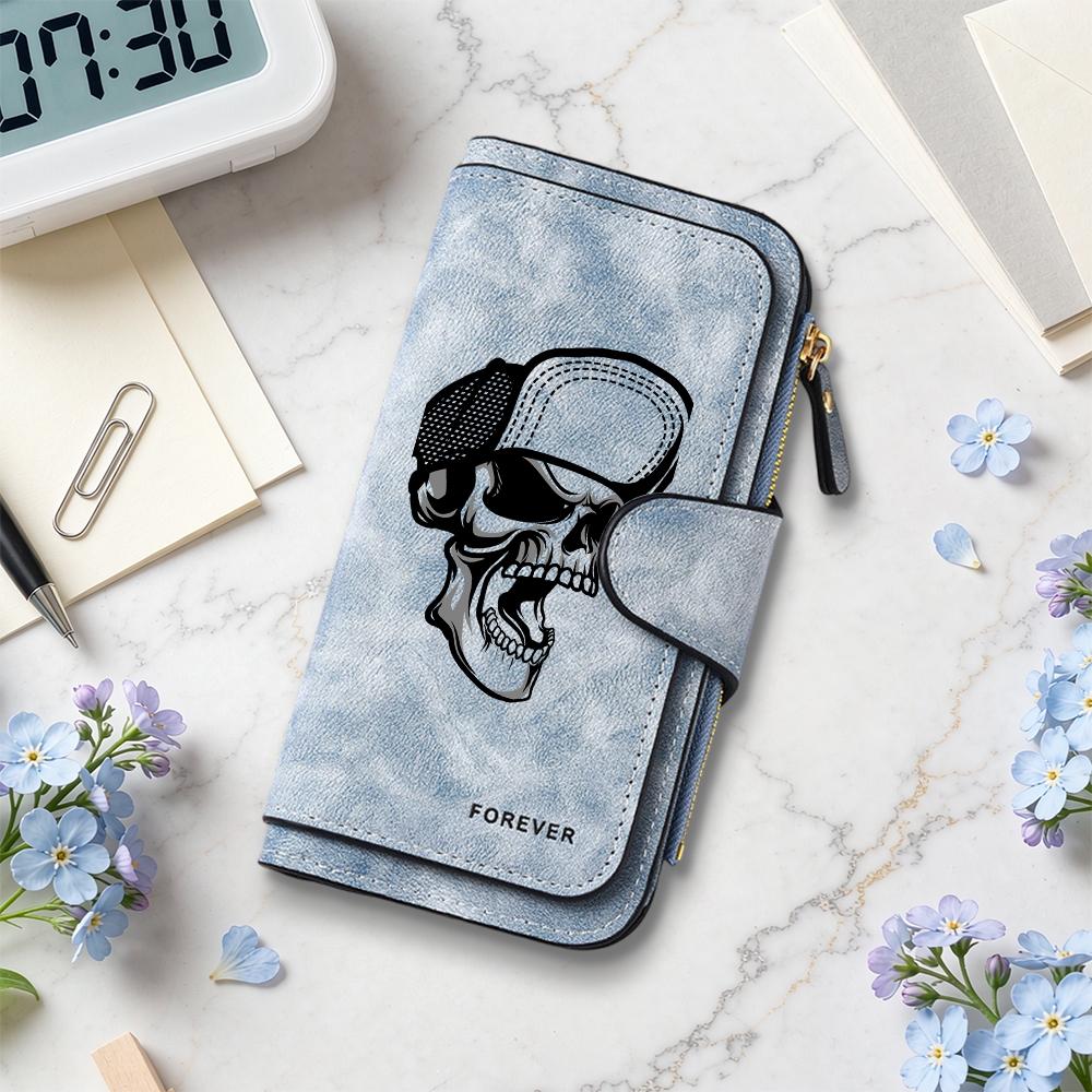 Skull Print Long Wallet Fashion Dark Style Multi Card Slot Portable Forever Purse
