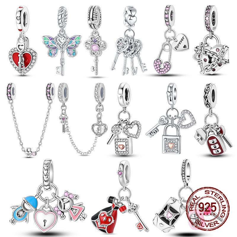 Cobre Coração Cadeado Chave Corrente Eterna Chaveiro Charms Pendentes Contas Ajuste Pulseira Colar Joias DIY