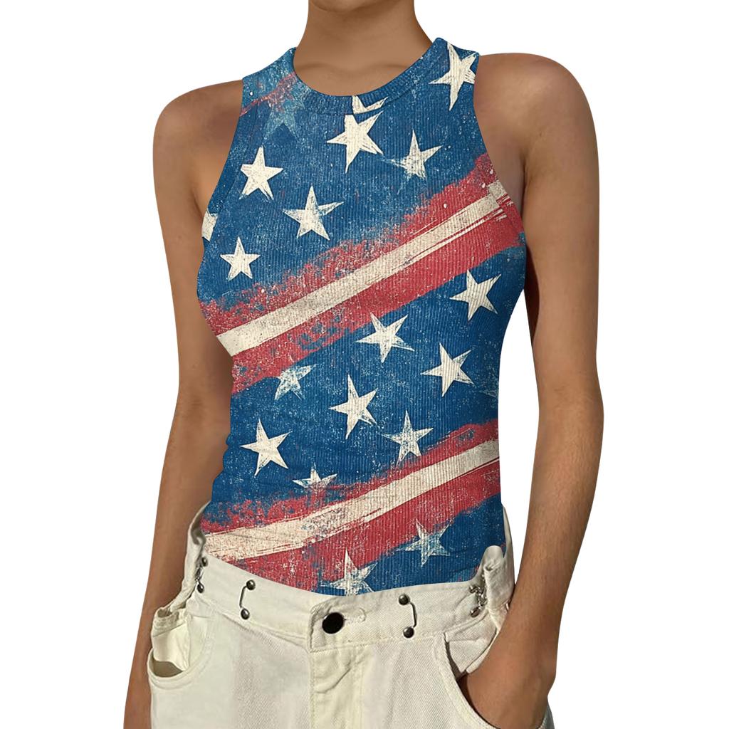 Women's Fashion Round Neck Independence Day Print Sleeveless Vest Top