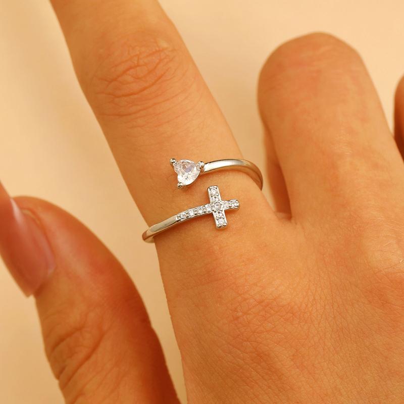 Vintage White Crystal Zircon Heart-Shaped Open Ring for Women Shiny Gold Color Cross Adjustable Index Finger Ring Date Zircon