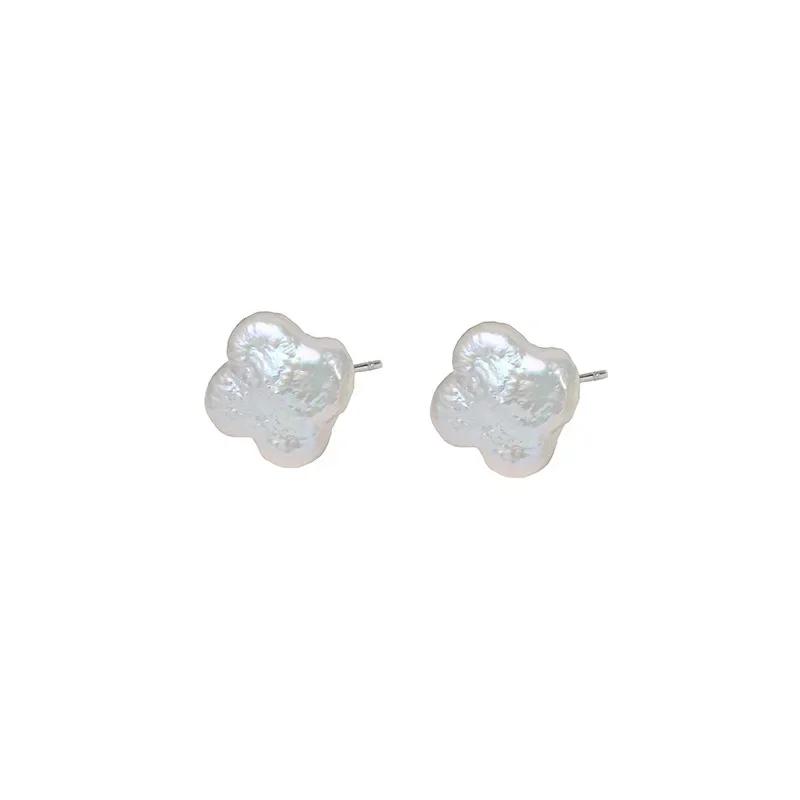 HENGSHENG Four Leaf Clover Baroque Freshwater Pearl Stud Earrings for Women 925 Sterling Silver Earrings Jewelry Gift Wholesale 10-11mm&Natural