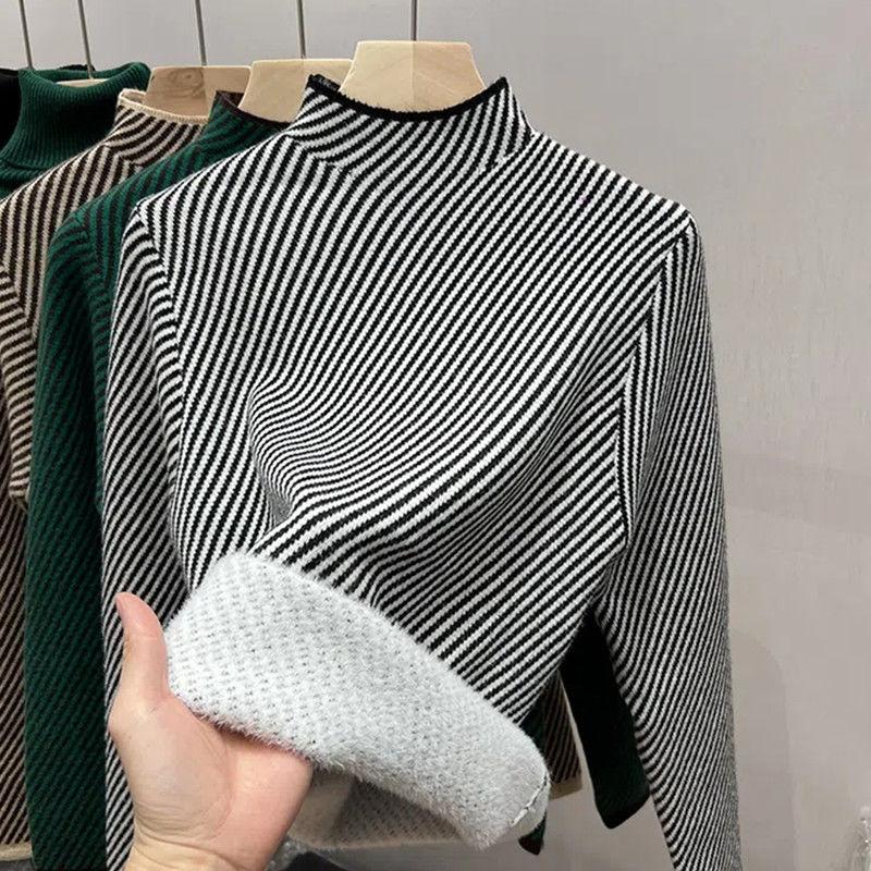 Бархатный полосатый свитер с полувысоким воротом и добавлением бархата. Женская высококачественная базовая рубашка на осень и зиму. Толстый вязаный свитер. S чёрный