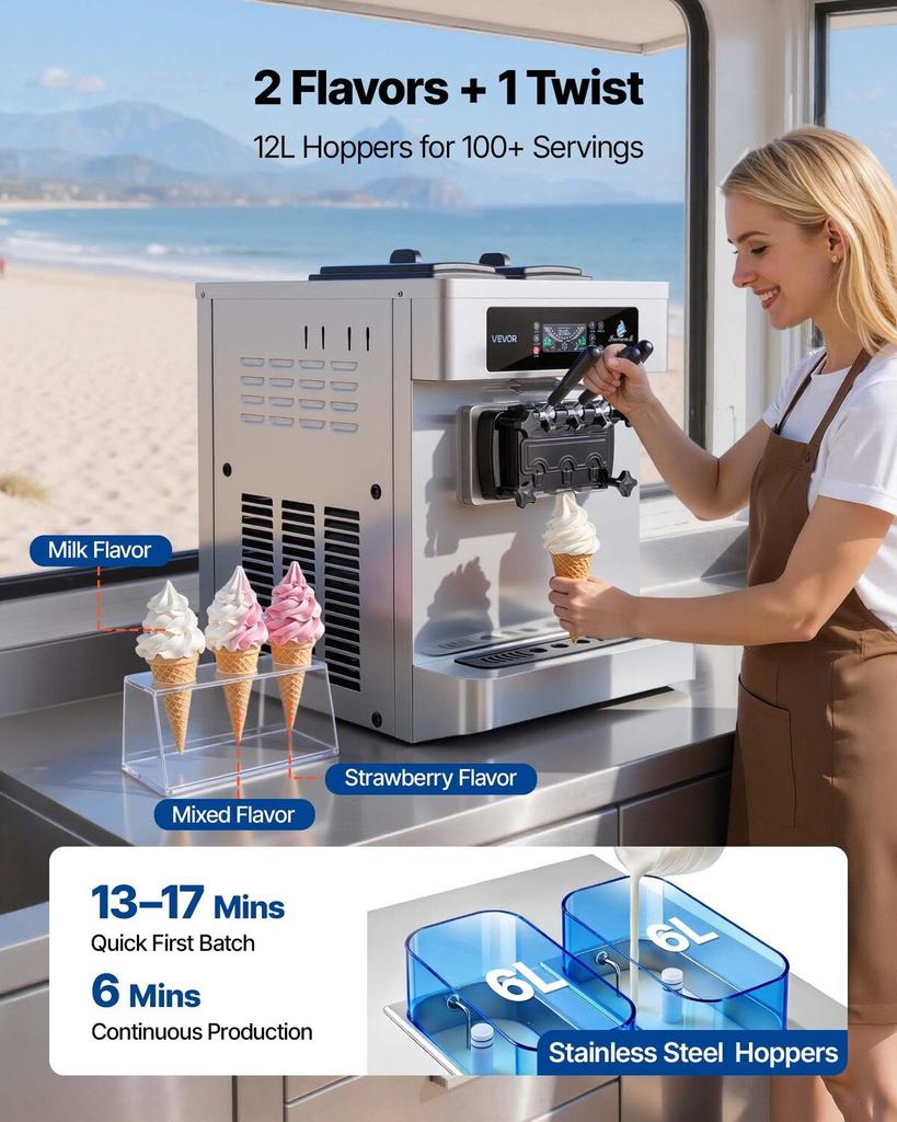 Commercial Ice Cream Machine, 20-28L/H Yield, 2200W 3-Flavor Countertop Soft Serve Ice Cream Maker with 2 X 6L Hoppers & Built-In Puffing Pump,