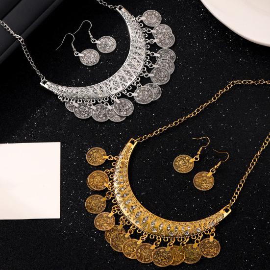 2 Stück/Set Halskette Ohrringe Set Verstellbare Kette Retro Graviertes Muster Münze Quasten Braut Halskette mit Strasssteinen Eingelegt Schmuck Geschenk