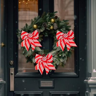 Yousheng 3Pcs Christmas Tree Bow Pendants Red White Striped Print Bowknot Festive Decoration Wedding Party Staircase Fireplace Decor