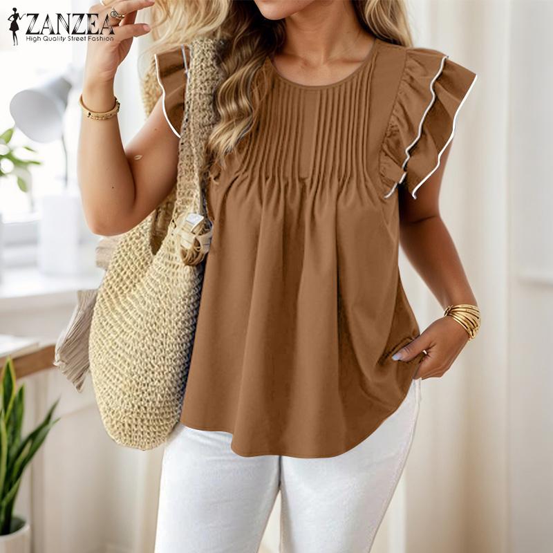ZANZEA Damen Sommer Rundhals Lässig Rüschenärmel Lockere Bluse