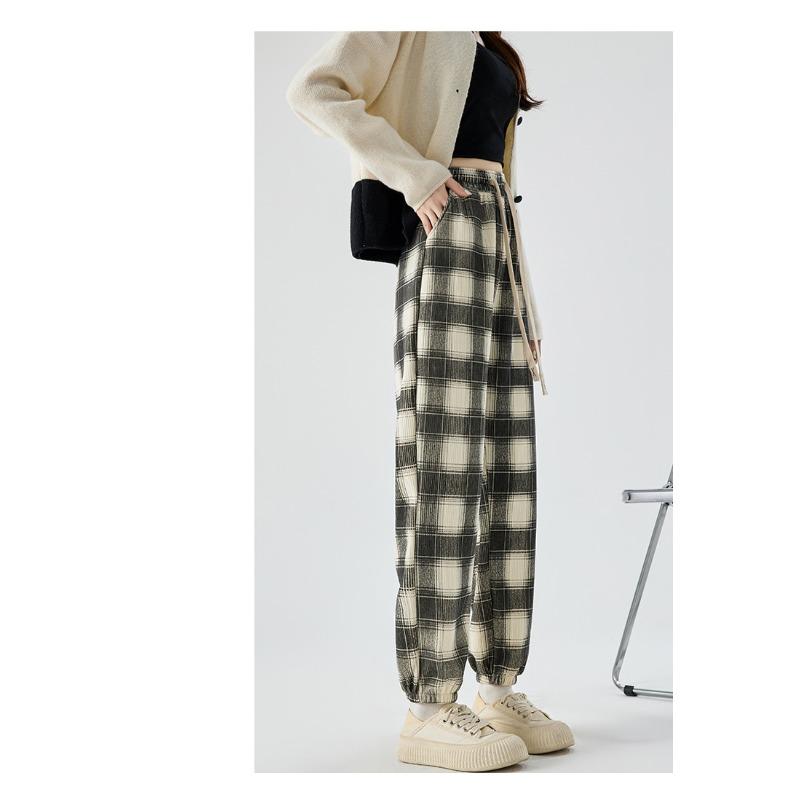 

Новый корейский стиль с плюшевым бархатом, утолщенные осенне-зимние свободные приталенные клетчатые брюки с завязками, брюки гаремы с высокой талией для женщин XXL