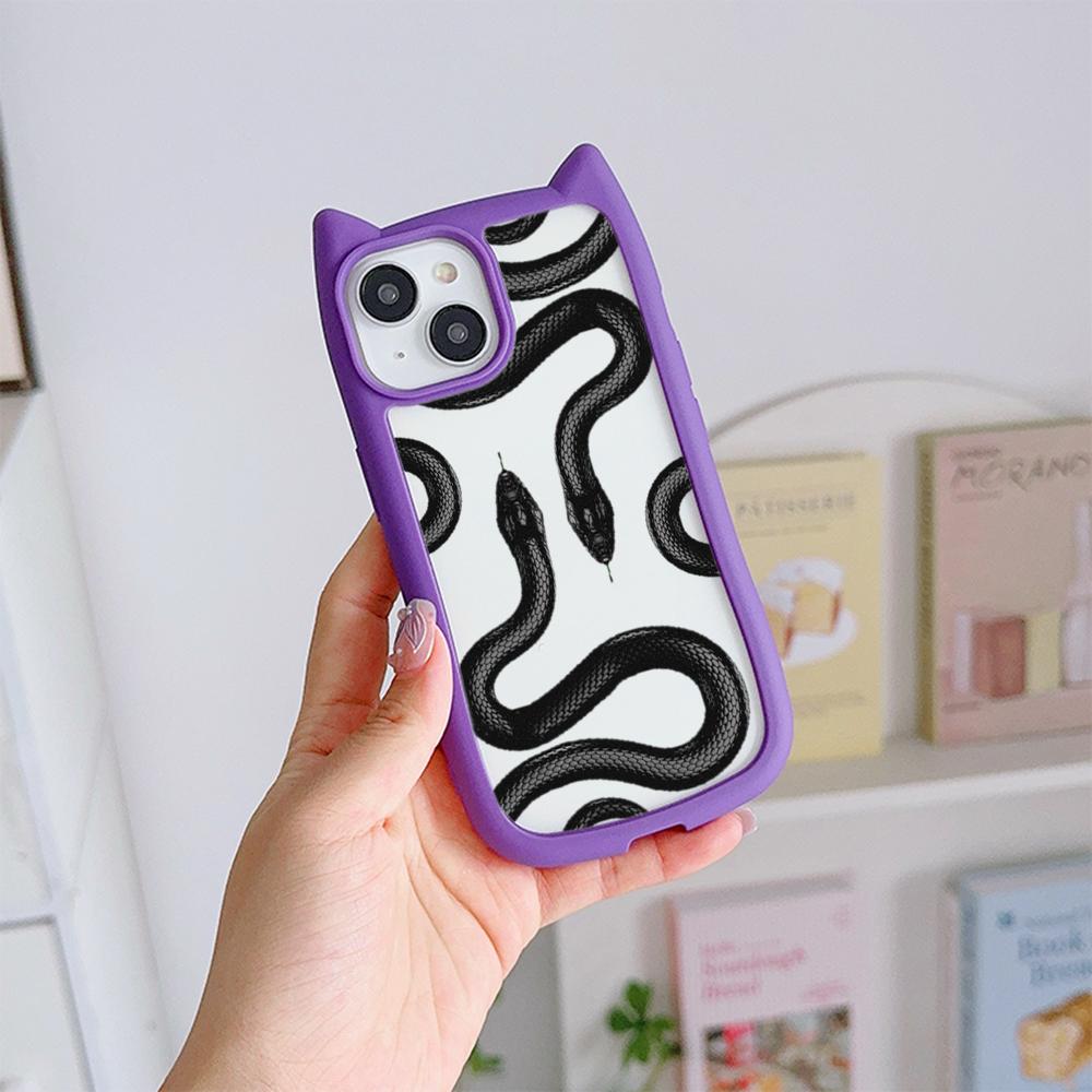 Cat Ear Soft Phone Case for iPhone 16 15 14 13 12 11 Pro Max Plus XR X TPU Anti-Drop Transparent Acrylic Back Cover NY25 Black Gold Snake design