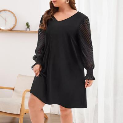 Plus Size Dress V-Neck Hollow Lace Stitching Flared Long Sleeve High Waist Mini Dress Solid Color Casual Mini Dress