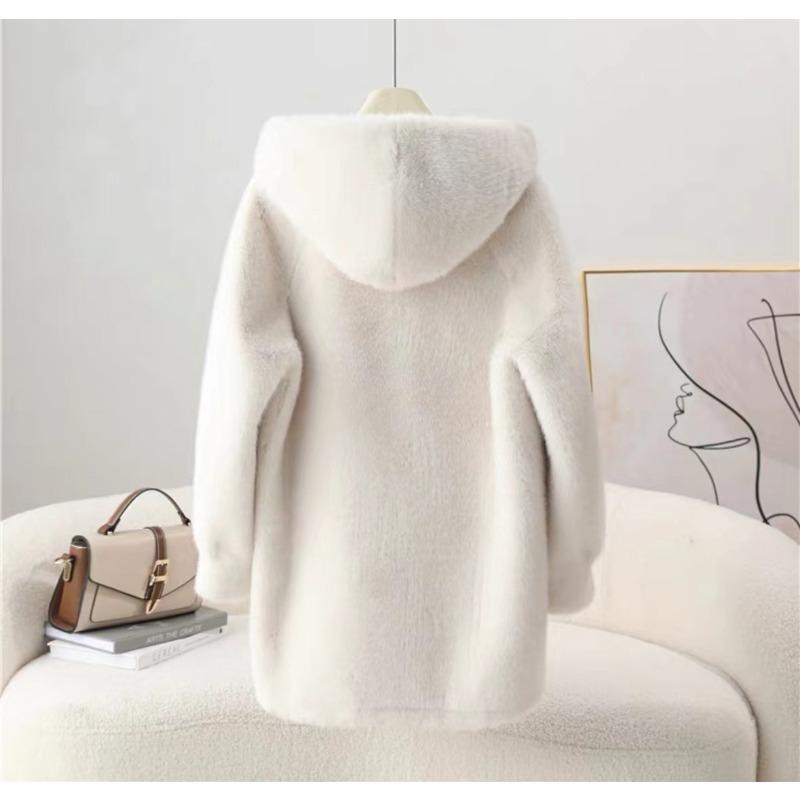 Autumn and Winter Women's Fur One-piece Faux Fur Hooded Mid-length Coat