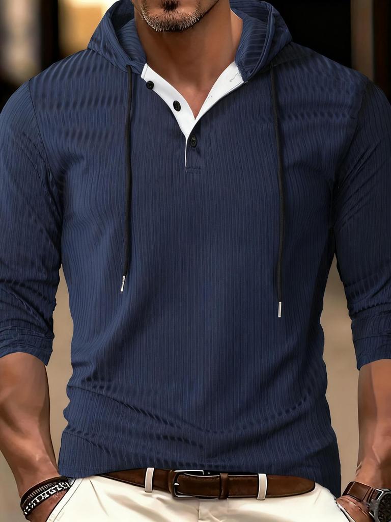 Men's Autumn/Winter Casual Hooded Long Sleeve Pullover with Drawstring and Button