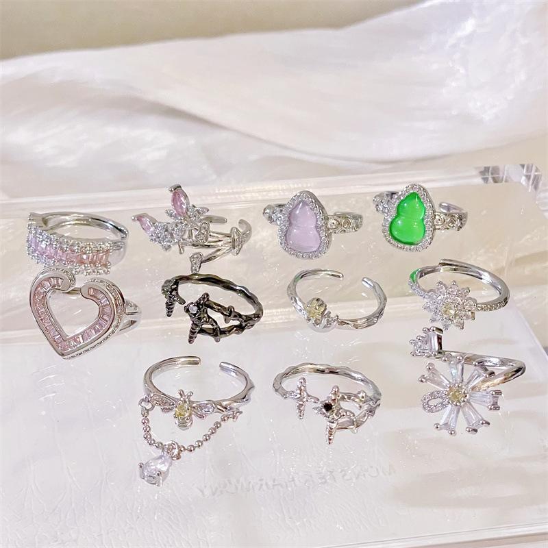 High-End Opening Adjustable Ring Imitation Chalcedony Heart-Shaped Niche Design Diamond-Set Light Luxury Personalized Fashion Ring Women