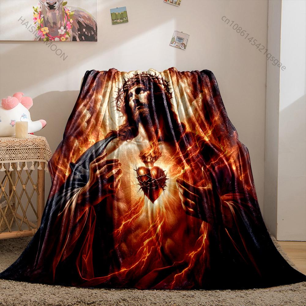 1 ST Brandend Heilig Hart met Kroon Print Dekent Warm Zacht Pluizig Kinderen en Volwassenen Bank Bed Plaid Buiten Reizen Kamperen