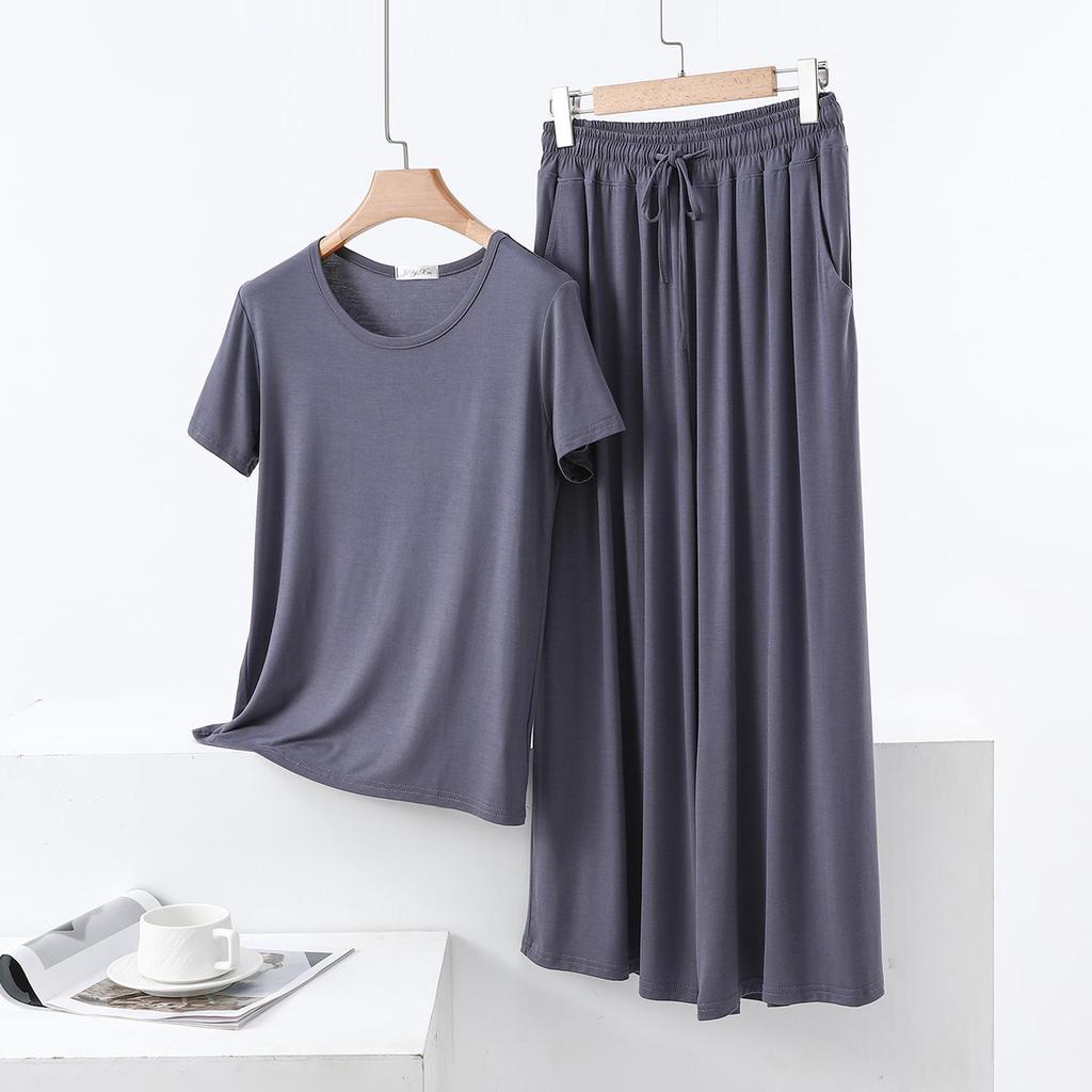 Color Block Cotton Crew Neck Two-Piece Set: Short Sleeve Top & Wide Leg Drawstring Pants